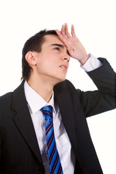 Portrait of tired man touching his head in pain on white background