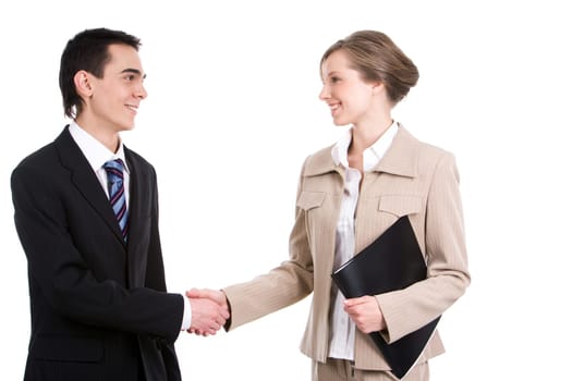 Portrait of successful business partners handshaking over white background