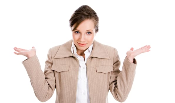 Portrait of businesswoman showing doubt by shrug and looking at camera