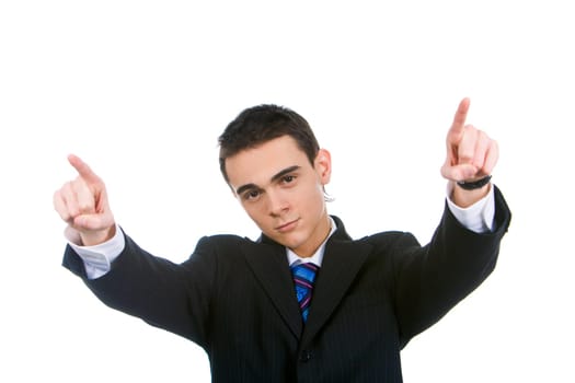 Portrait of successful guy pointing at camera with forefingers stretched forwards