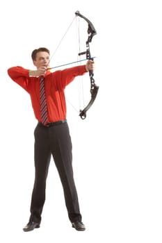 Conceptual photo of confident archer targeting at his rival