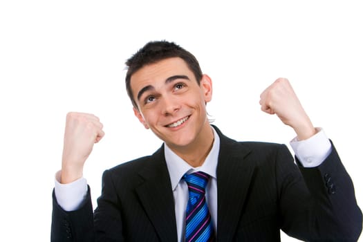 Portrait of lucky businessman looking upwards giving thanks to heaven