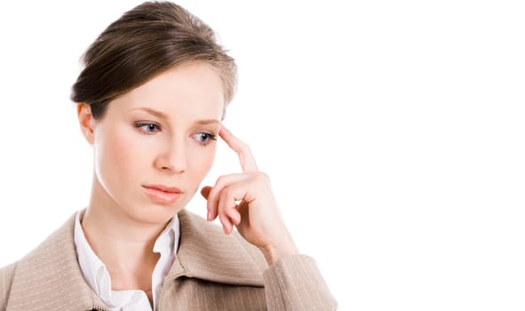 Photo of stressed woman with her forefinger by temple isolated on white background