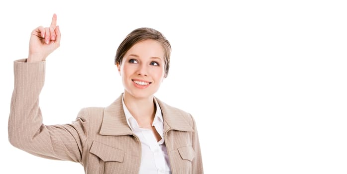 Image of smart businesswoman keeping her forefinger raised over white background