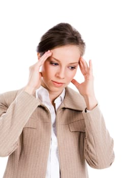 Portrait of businesswoman having headache and touching her head on white background