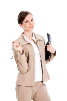 Portrait of attractive business lady holding folder and glasses
