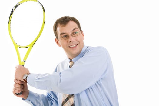 Image of businessman holding racket on a white background