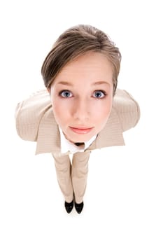 Fisheye shot of curious female looking at camera with surprised expression