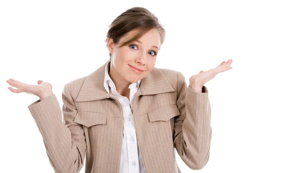 Portrait of businesswoman shrugging and looking at camera with smile