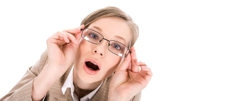 Portrait of lovely woman in eyeglasses with open mouth saying wow