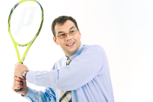 Image of businessman holding the racket on a white background