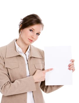 Portrait of smart businesswoman attracting our attention at blank paper sheet