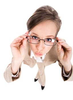 Wide angle of businesswoman wearing eyeglasses and keeping her lips in kiss