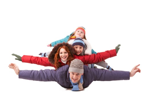 Happy family members looking at camera with smiles and their arms stretched