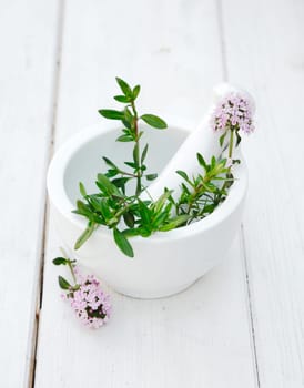 Thyme in a Mortar with pestle on a beautiful white wooden background