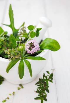 Assorted Herbs in a Mortar with pestle on white wooden background