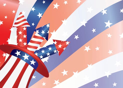 Fourth of July Fireworks in Stars and Stripes Hat with US Flag Background Illustration