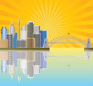 Sydney Australia Skyline Landmarks Harbour Bridge  with Sun Rays Background Illustration
