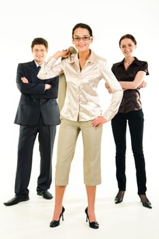 Image of business-team with female leader standing in front