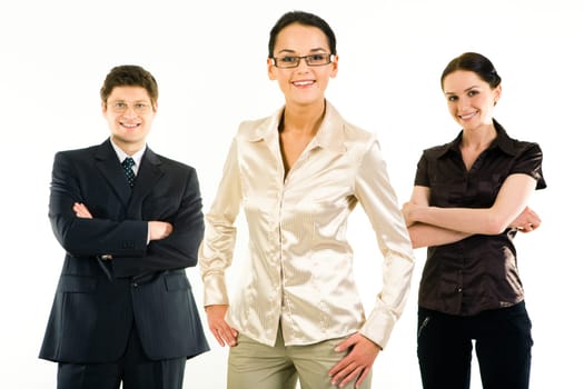 Portrait of smiling woman standing on the background of her two colleagues