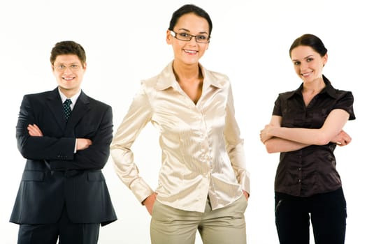 Portrait of leading woman looking at camera on the background of her business team