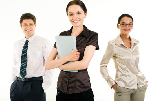 View of smart woman with folder on the background of her colleagues