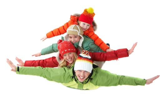 Happy family members looking at camera with smiles and their arms stretched