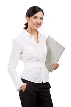 Portrait of elegant businesswoman with folder in hand looking at camera and smiling