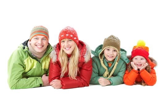 Happy family members looking at camera with smiles over white background