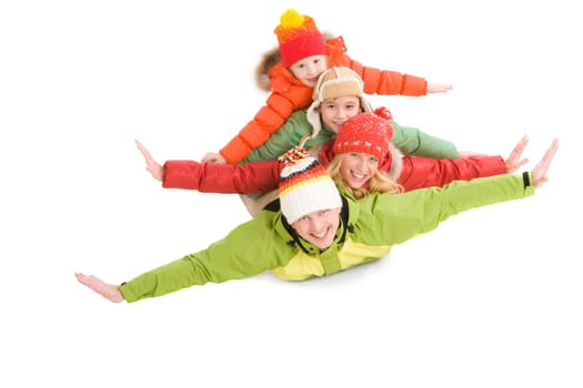 Happy family members looking at camera with smiles and their arms stretched