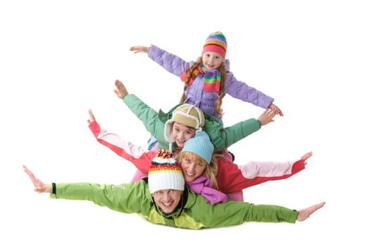 Happy family members lying with their arms stretched