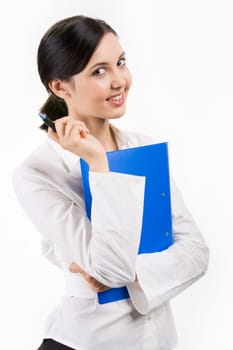 Photo of pretty employee with folder and pen in hand smiling and looking at camera