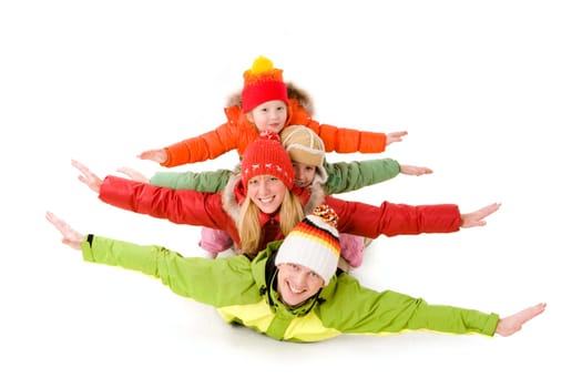 Happy family members looking at camera with smiles and their arms stretched