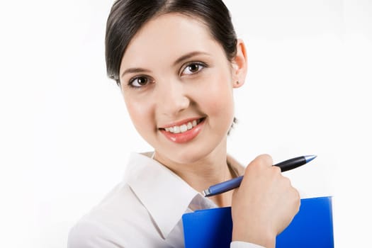 Image of successful professional holding pen in hand and looking at camera with smile