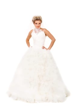 Portrait of beautiful smiling bride posing in isolation