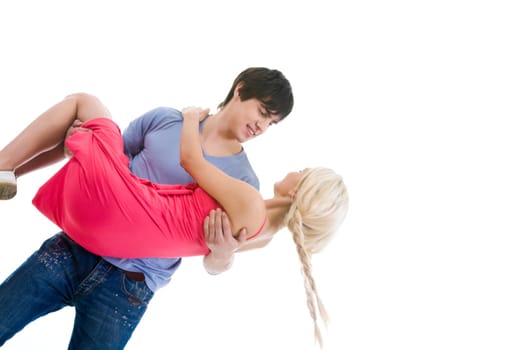 Image of beautiful blonde looking at handsome man while on his arms
