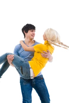 Image of handsome man holding his girlfriend and both laughing