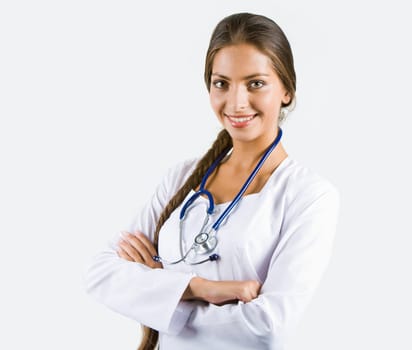Portrait of friendly therapeutist looking at camera with smile on white background