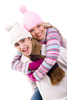 Portrait of happy guy holding glad female on his back