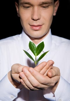 Photo of careful man holding fresh sprout and looking at it