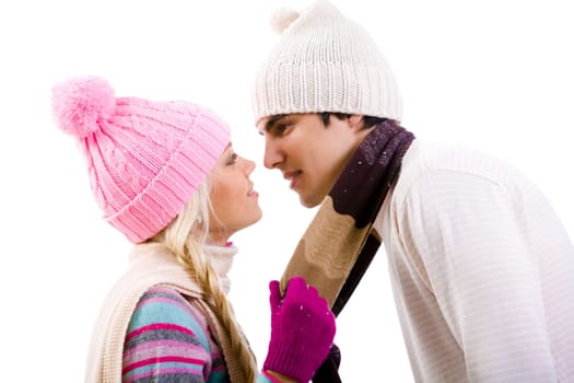 Photo of two lovers before kissing each other isolated on white background