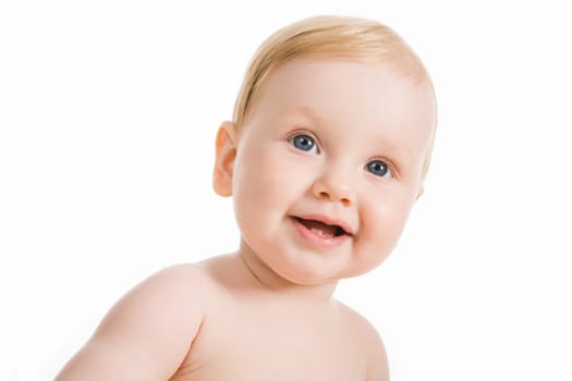 Photo of happy blue-eyed baby smiling over white background