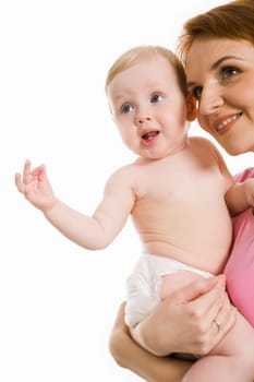 Image of pretty woman with her little baby on white background