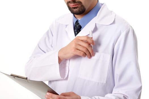 Close-up of physician taking pen from pocket