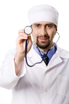 Hand of confident therapeutist holding stethoscope
