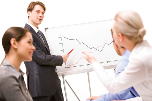 Image of confident man making presentation and interacting with the audience