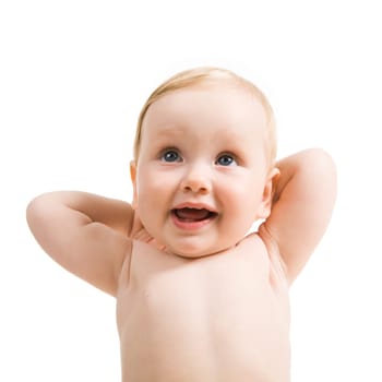 Photo of happy baby with her hand behind head on white background