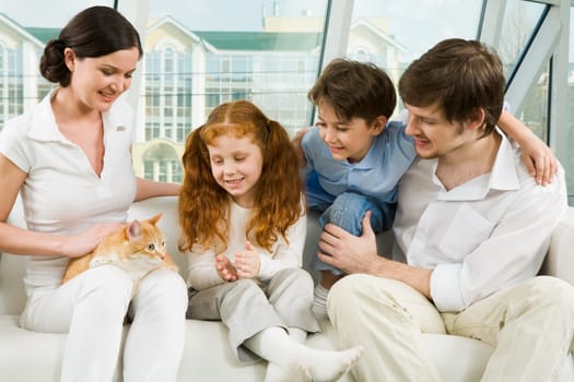 Photo of cheerful children and their father looking at cat on females knees during home rest