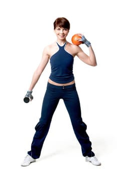 Image of smiling woman with ball looking at camera over white background