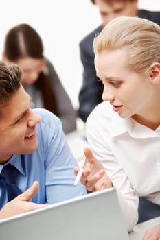 Businesswoman explaining work to businessman